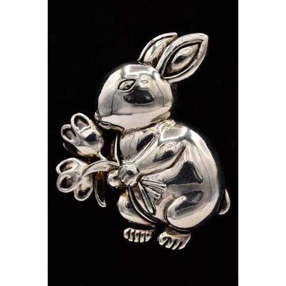 MJ Vintage Easter Bunny Rabbit Pin Brooch Pendant Big Heavy Chunky Signed BinBP - Picture 1 of 12